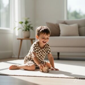 NWT Kids Brown White Checkered Matching Set Short Sleeve Bamboo